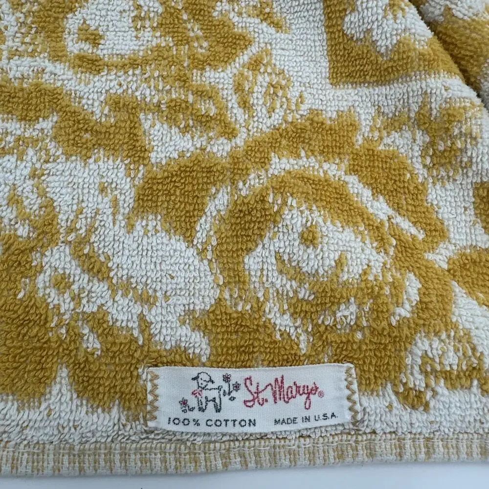 Vintage St Marys Bath Towel Gold White MCM Retro Floral USA